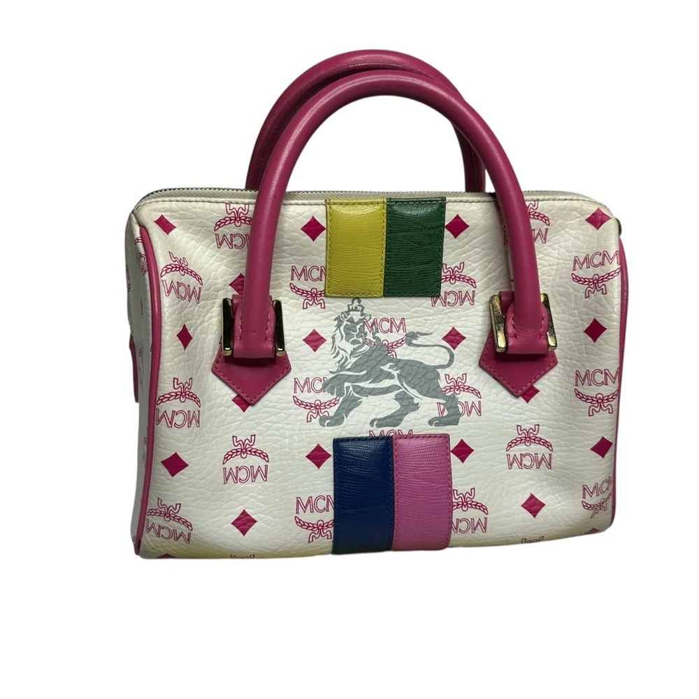 Vintage MCM White and Pink Visetos Leather Lion Boston Bag. - Picture 6 of 11